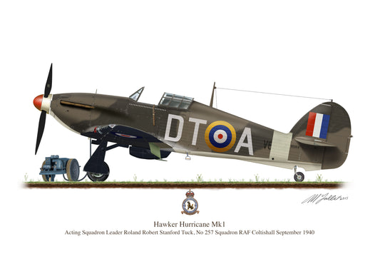 Hawker Hurricane Vintage Aircraft 1940  Stanford Tuck Profile Artwork, A5 / A4 Glossy Print of Second World British war airplane